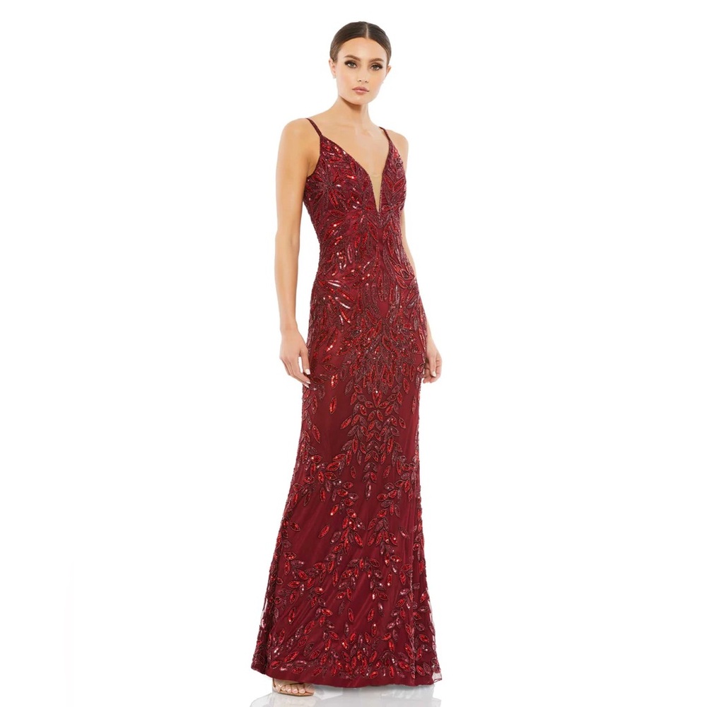 NWOT MAC DUGGAL EMBELLISHED LEAF EVENING GOWN DRESS BURGUNDY RED 5107